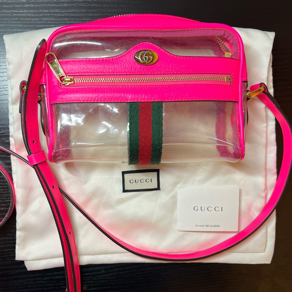 GUCCI Authentic Pink PVC and Leather Mini Ophidia Transparent Shoulder Bag